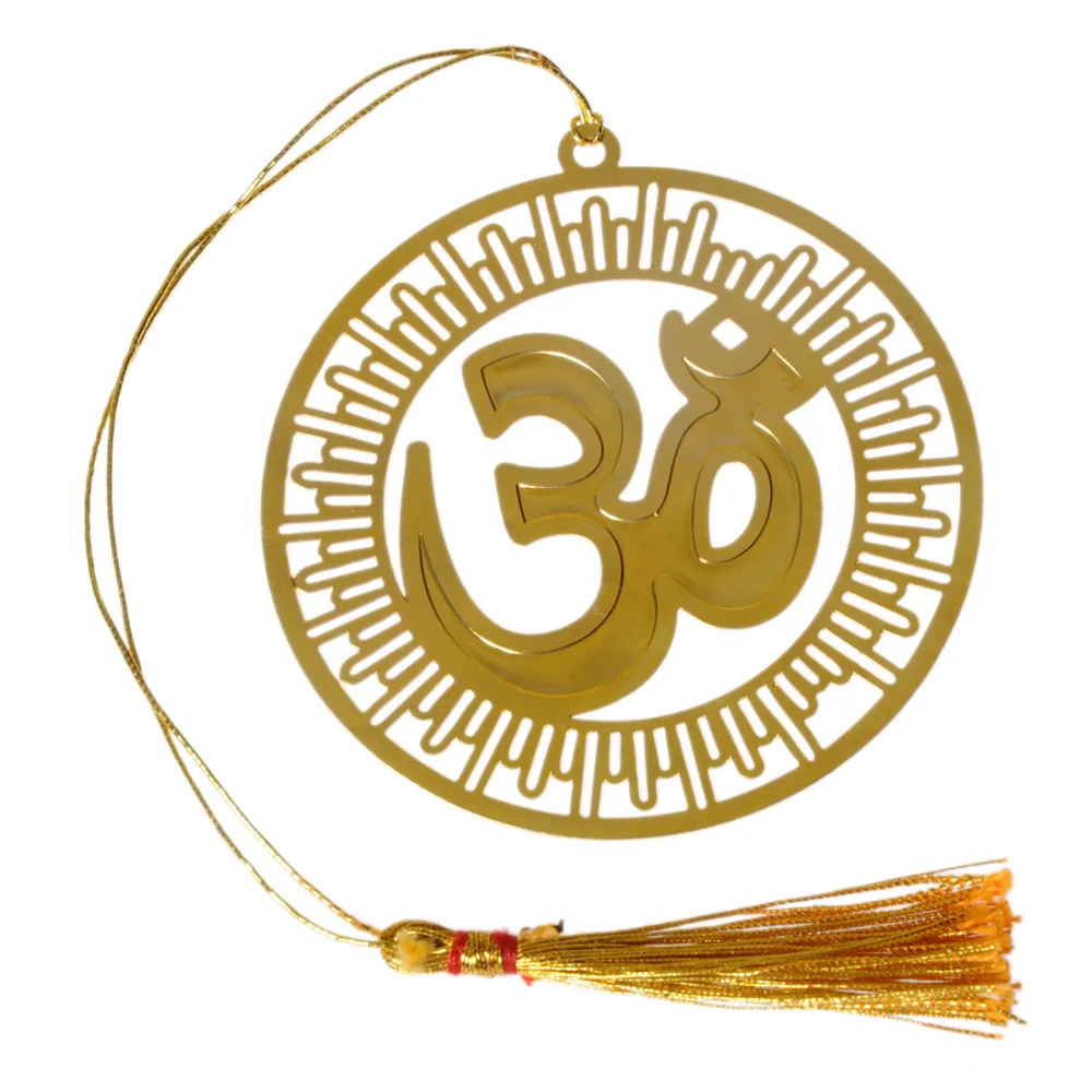 Die-cut gold-tone bookmark of a raised Om inside a pierced disc of radiating bars, on a gold cord with a tassel