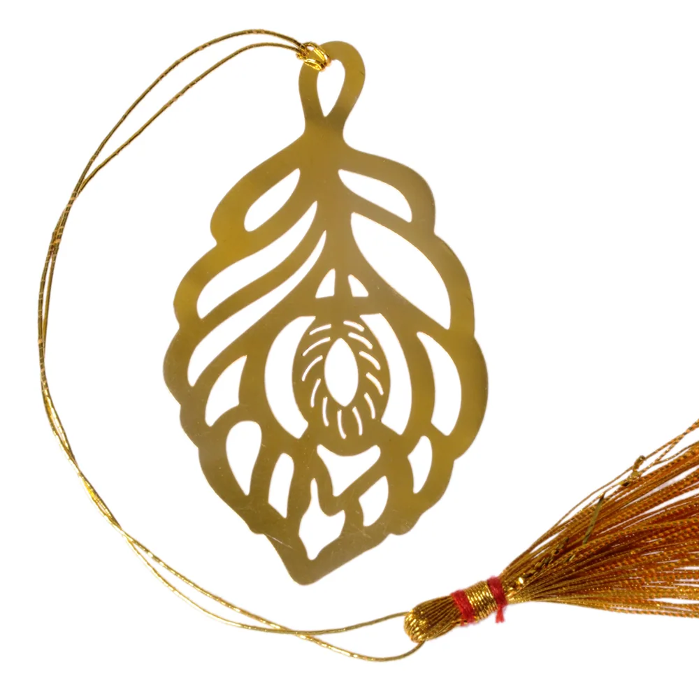 Die-cut gold-tone bookmark of a single leaf with its veins and a central bud cut into layered petals, on a gold cord with a tassel