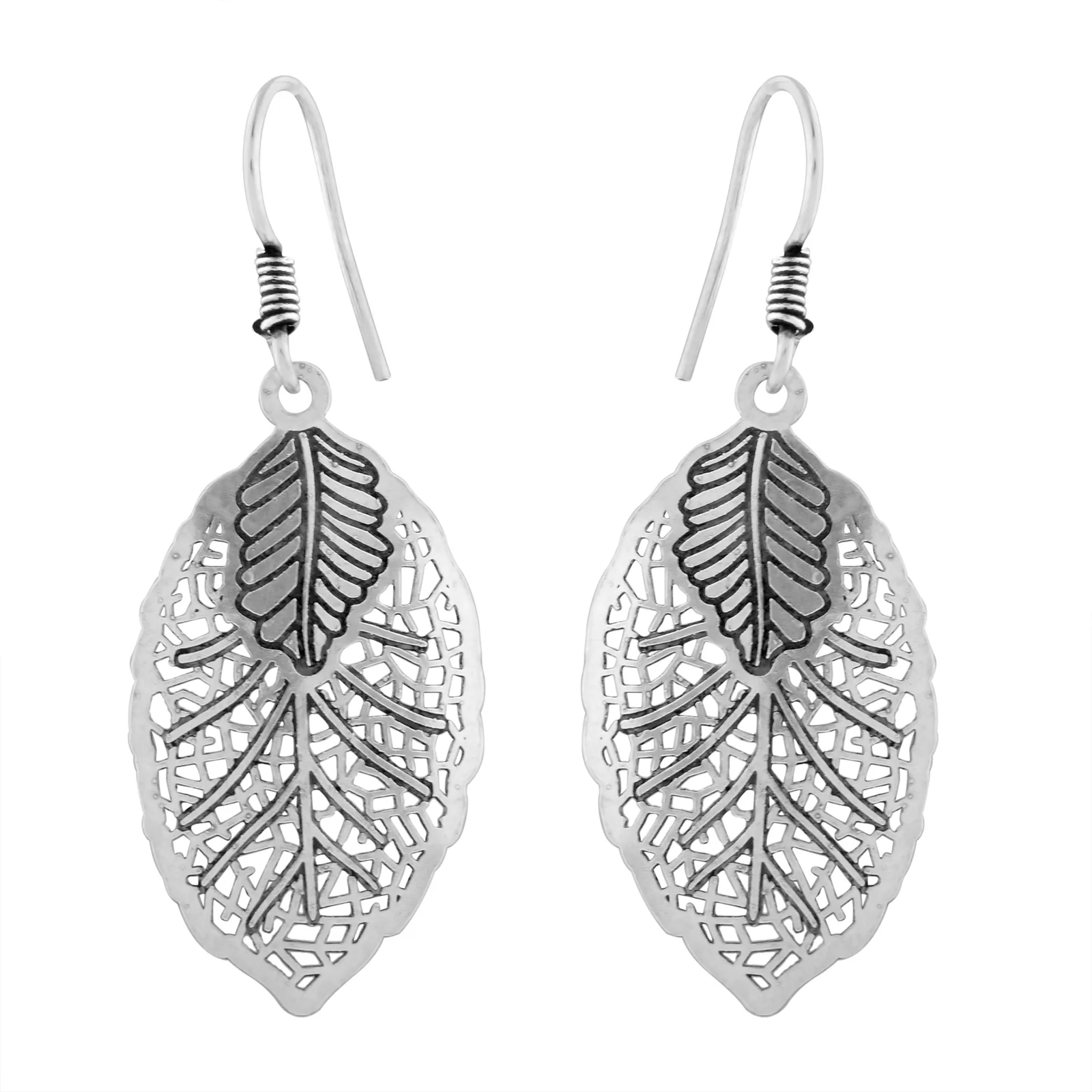 A pair of oxidised silver drop earrings on French hooks — an oval leaf in openwork filigree with a small solid leaf charm applied over its stem