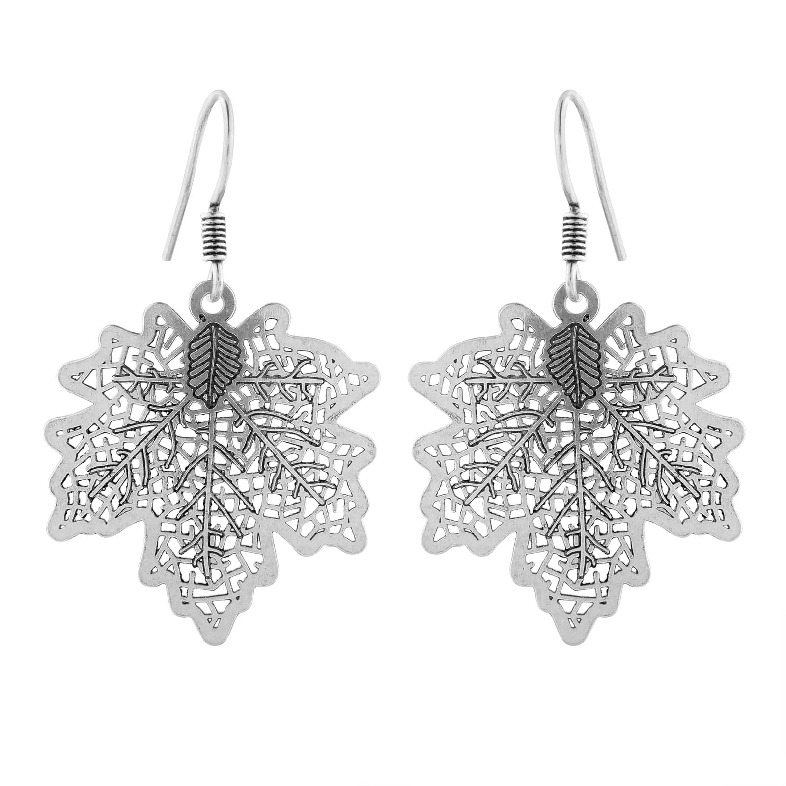 A pair of oxidised silver filigree maple-leaf drop earrings on French hooks