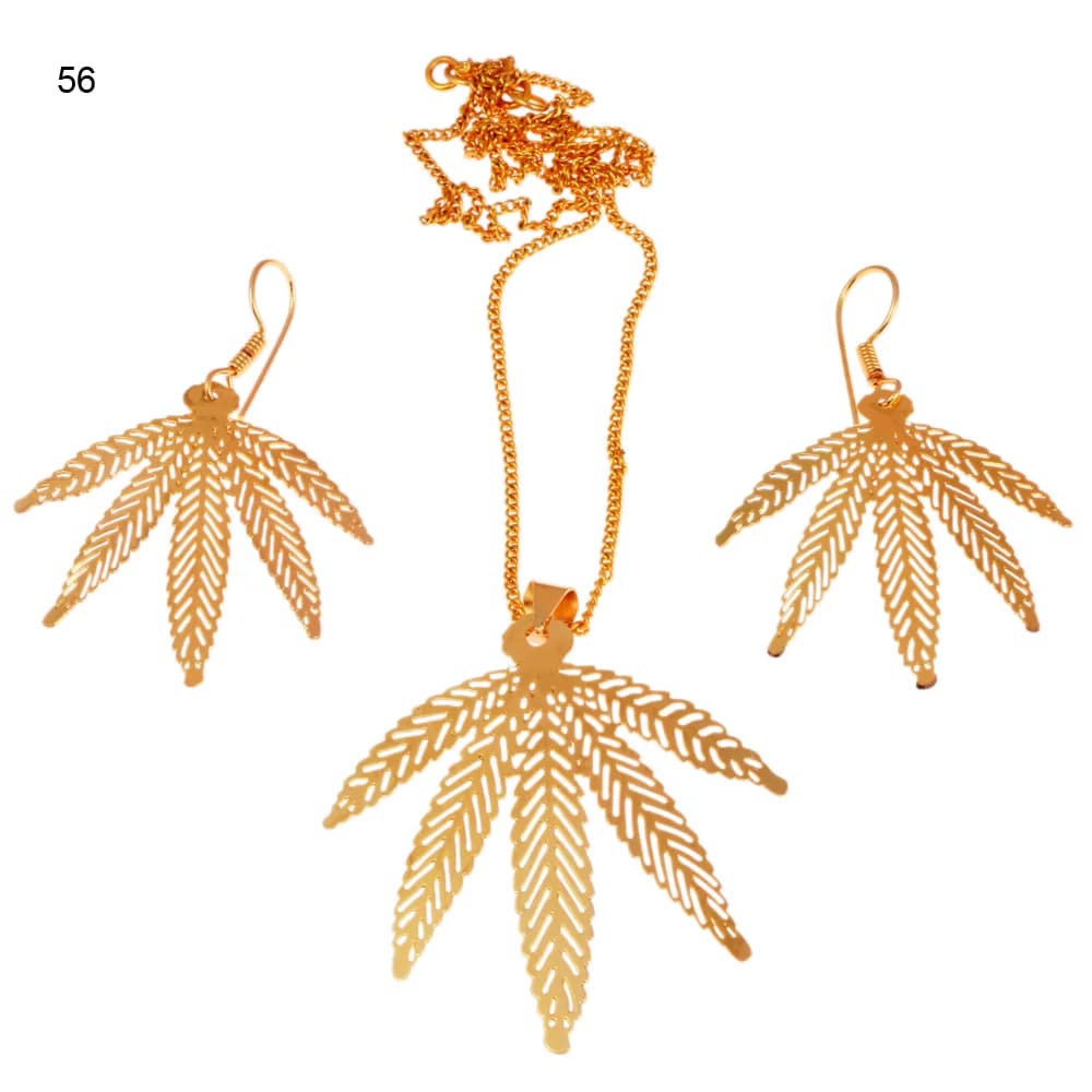Gold-plated three-piece set with a seven-lobed palmate leaf pendant and matching hook earrings, each lobe veined in a herringbone of cut chevrons