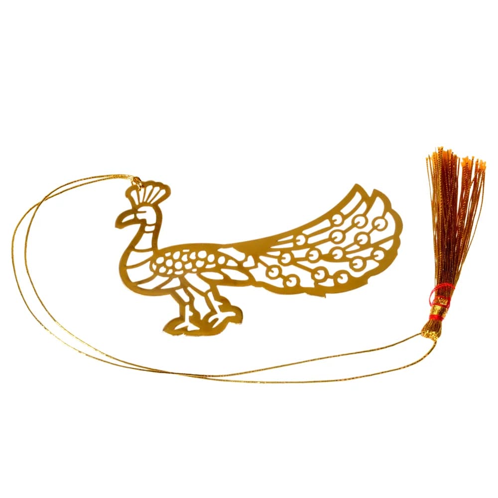 Die-cut gold-tone bookmark of a peacock standing with its crest up and its long tail trailing behind, on a gold cord with a tassel