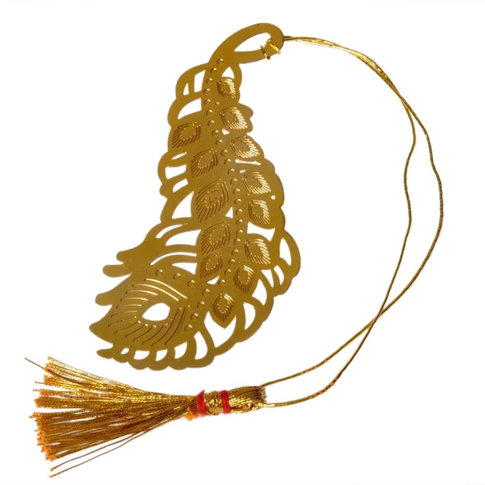 Die-cut gold-tone bookmark of a curved peacock feather, each eye and barb pierced separately, on a gold cord with a tassel