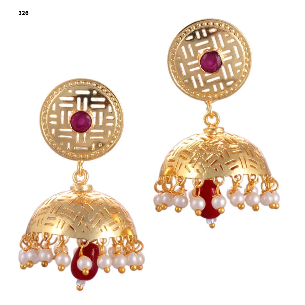 A pair of gold-plated jhumka earrings — a pierced disc stud set with a red stone above a single wide perforated dome, pearl-fringed, with a red glass teardrop at the centre