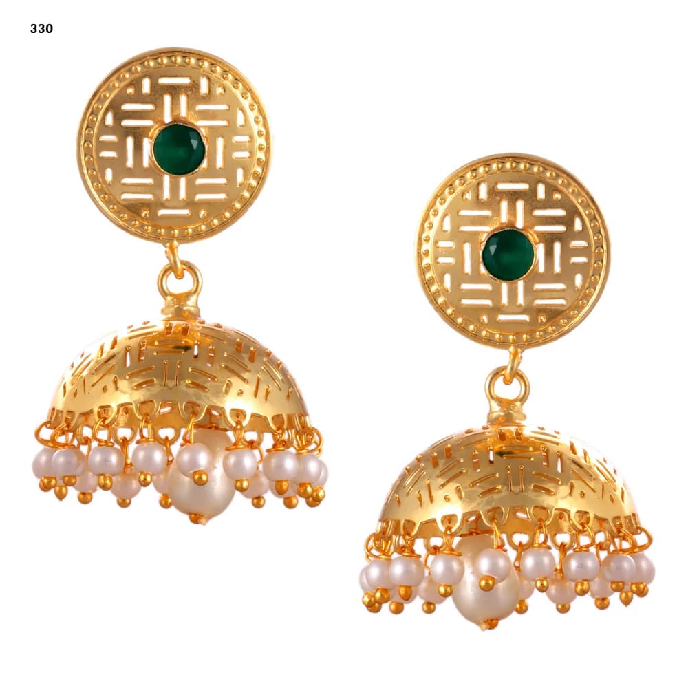 A pair of gold-plated jhumka earrings — a pierced disc stud set with a green stone above a single wide perforated dome, pearl-fringed