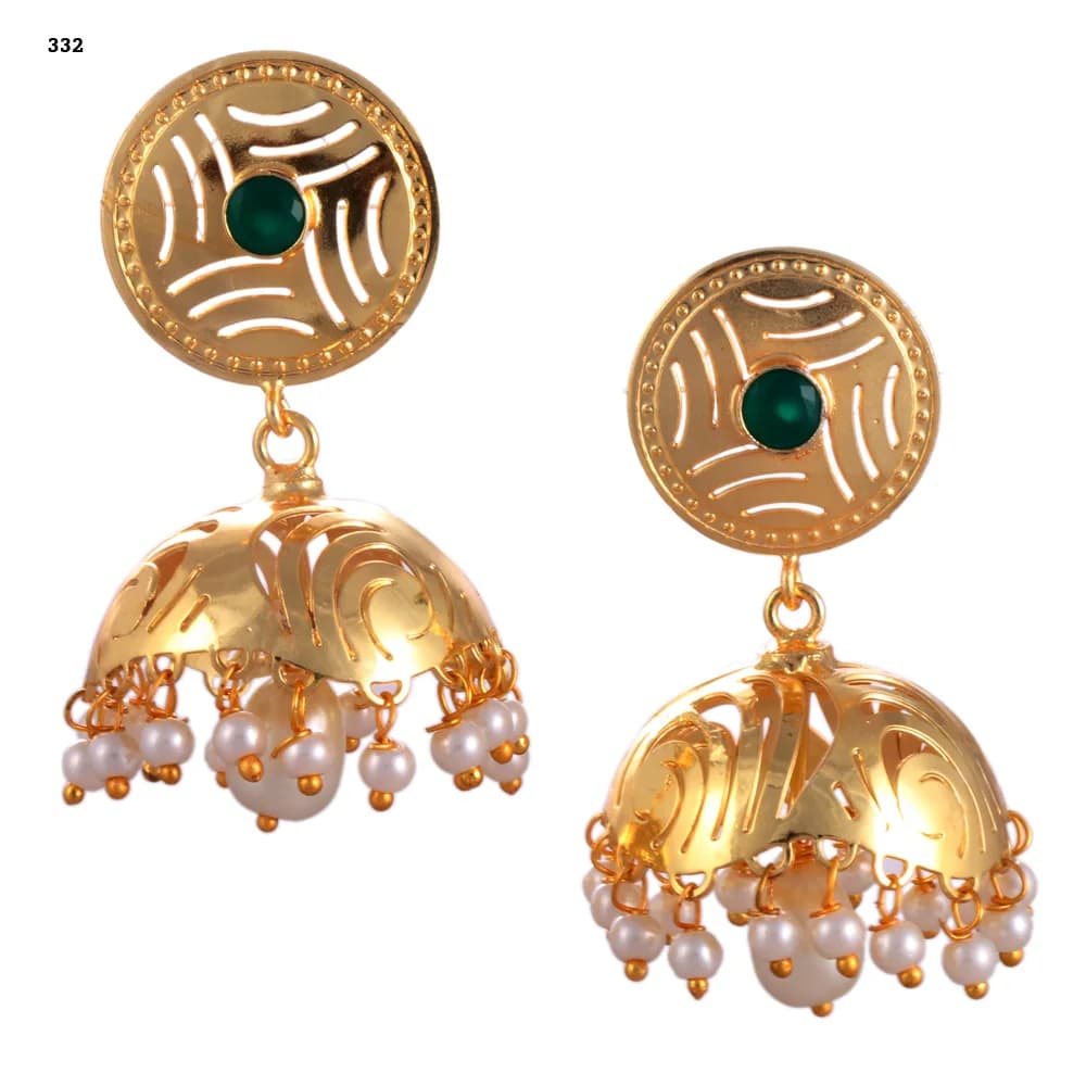 A pair of gold-plated jhumka earrings — a pierced disc stud set with a green stone above a single smooth-panelled dome, pearl-fringed