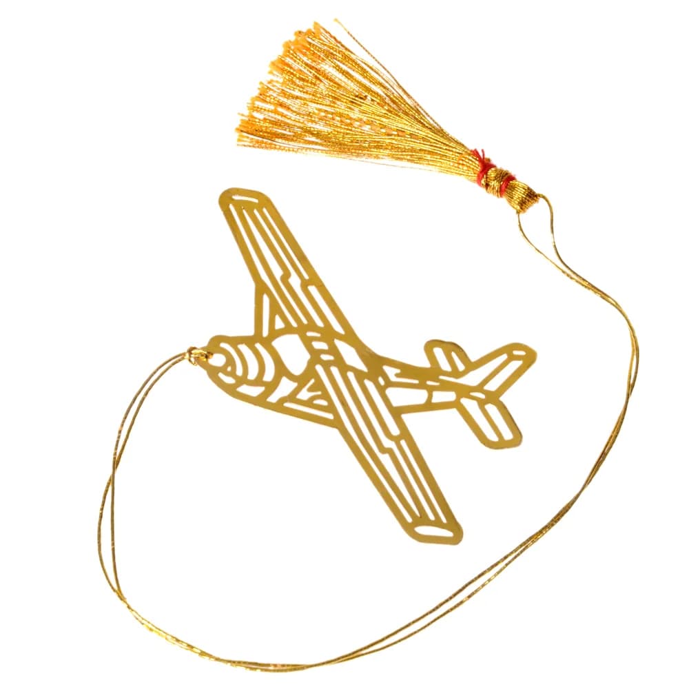 Die-cut gold-tone bookmark of a single-propeller aeroplane seen from above and behind, on a gold cord with a tassel