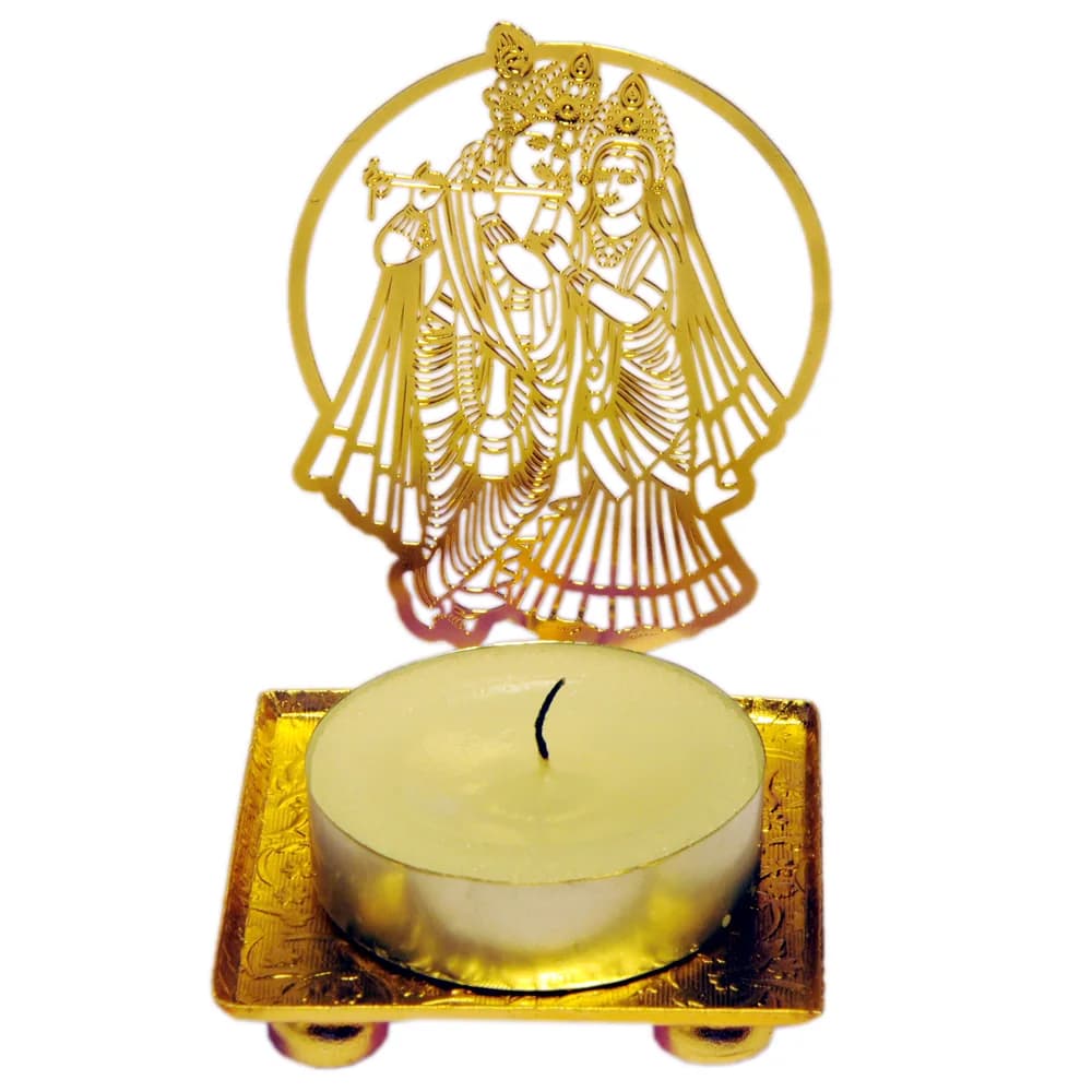 Pierced gold-tone tealight holder cut as Radha and Krishna standing together, Krishna at his flute, on a square tray