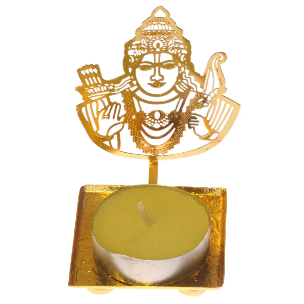 Pierced gold-tone tealight holder cut as a crowned Lord Rama with a quiver of arrows at one shoulder and his bow at the other, on a square tray