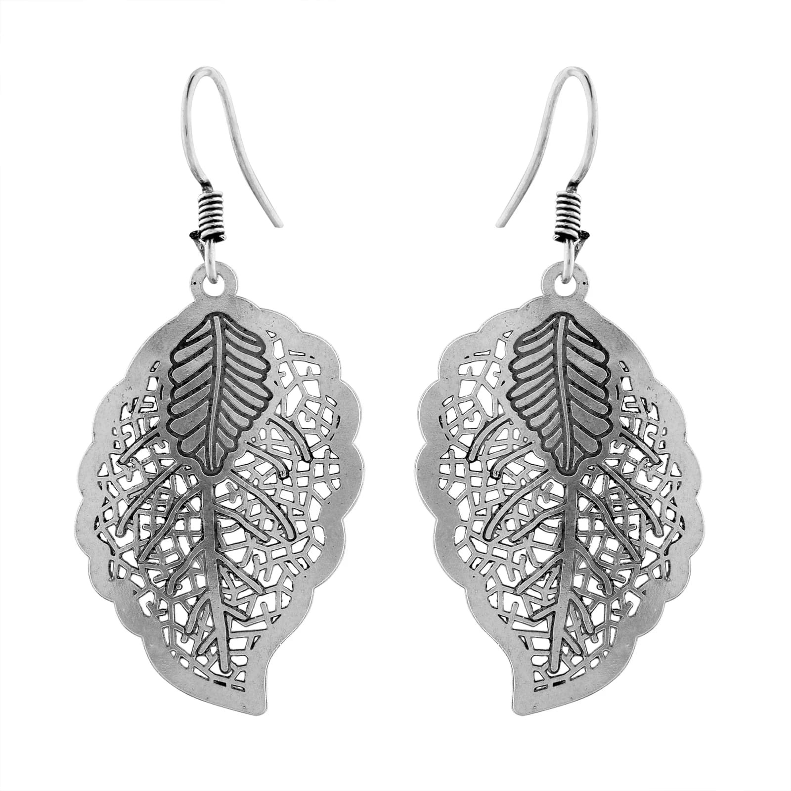 A pair of oxidised silver drop earrings on French hooks — a scallop-edged oval leaf in openwork filigree with a small solid leaf charm applied over its stem