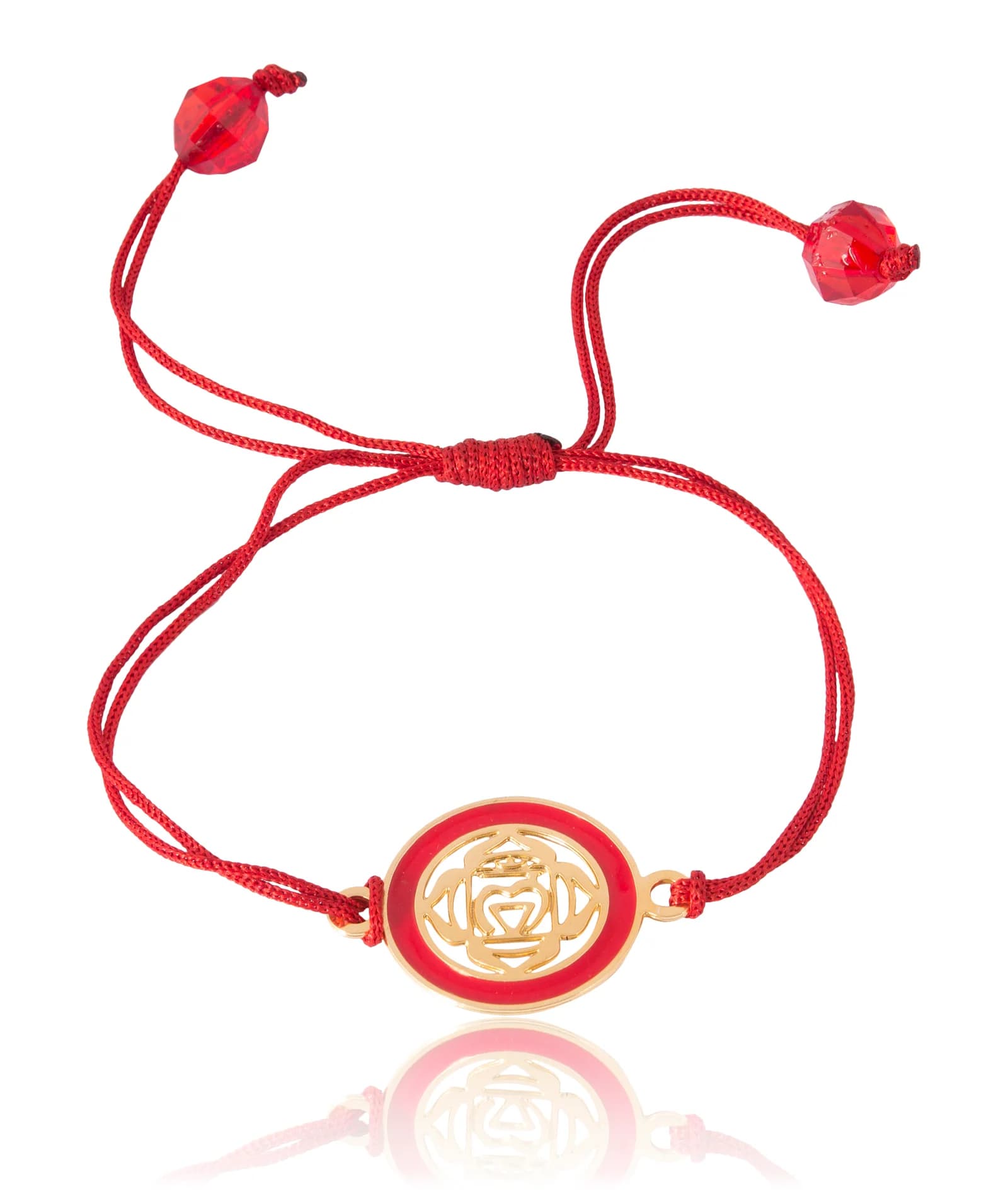 Seven chakra meena enamel bracelet — gold-plated medallion with red enamel on an adjustable red cord with faceted bead stoppers