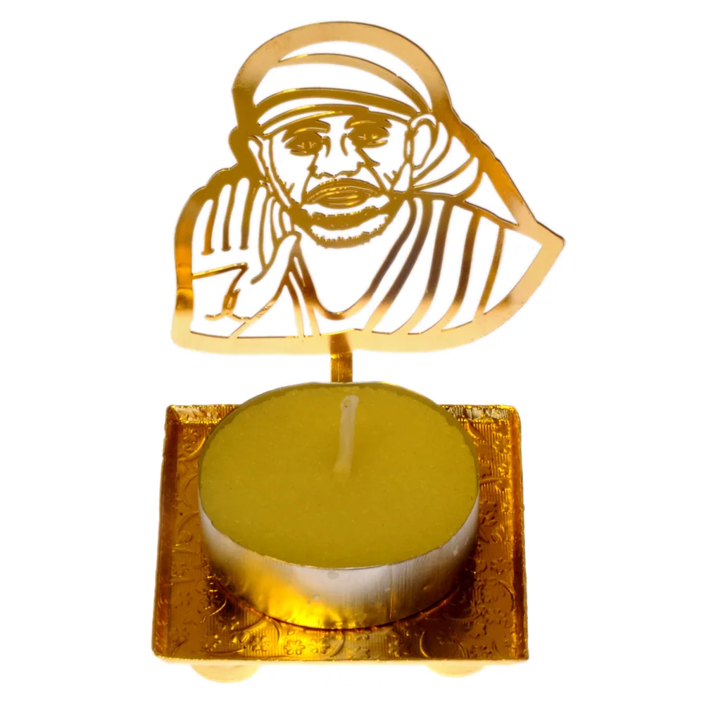 Pierced gold-tone tealight holder cut as Shirdi Sai Baba seated in his head cloth with one hand raised, on a square tray