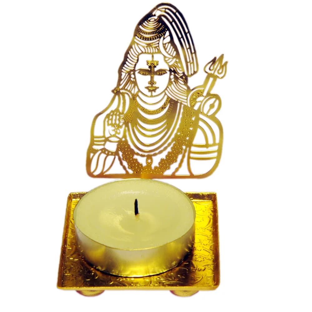 Pierced gold-tone tealight holder cut as Lord Shiva seated with his trident and damru behind him, on a square tray