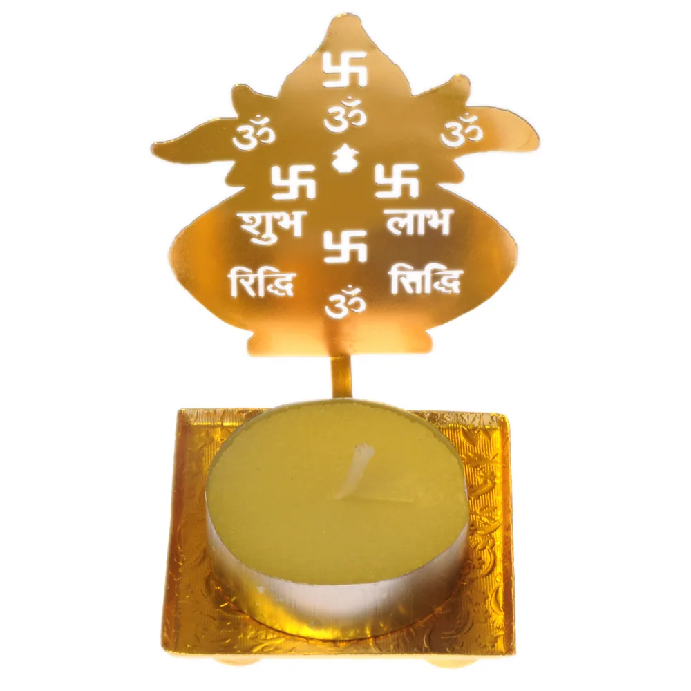 Pierced gold-tone tealight holder cut as a kalash-shaped plaque carrying शुभ लाभ, a swastika and an Om, on a square tray