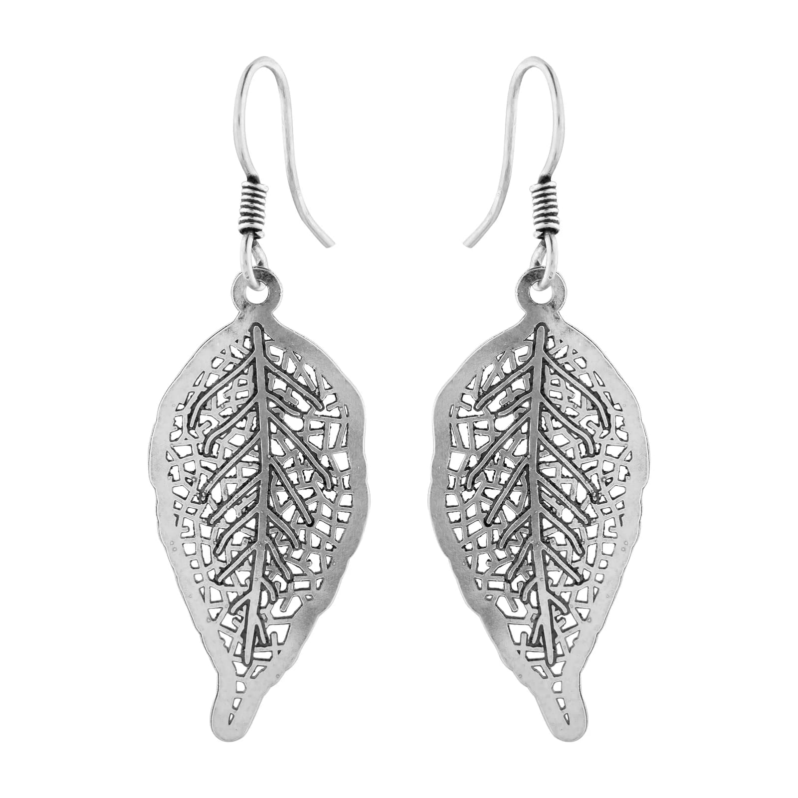 A pair of oxidised silver drop earrings on French hooks — a slim pointed leaf in openwork filigree with a curled tip