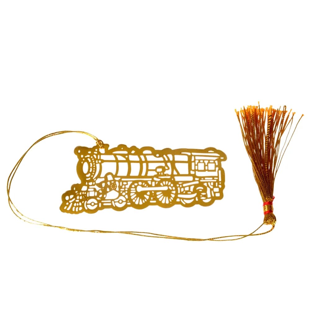 Die-cut gold-tone bookmark of a vintage steam locomotive in side profile, boiler, pistons and driving wheels all pierced, on a gold cord with a tassel