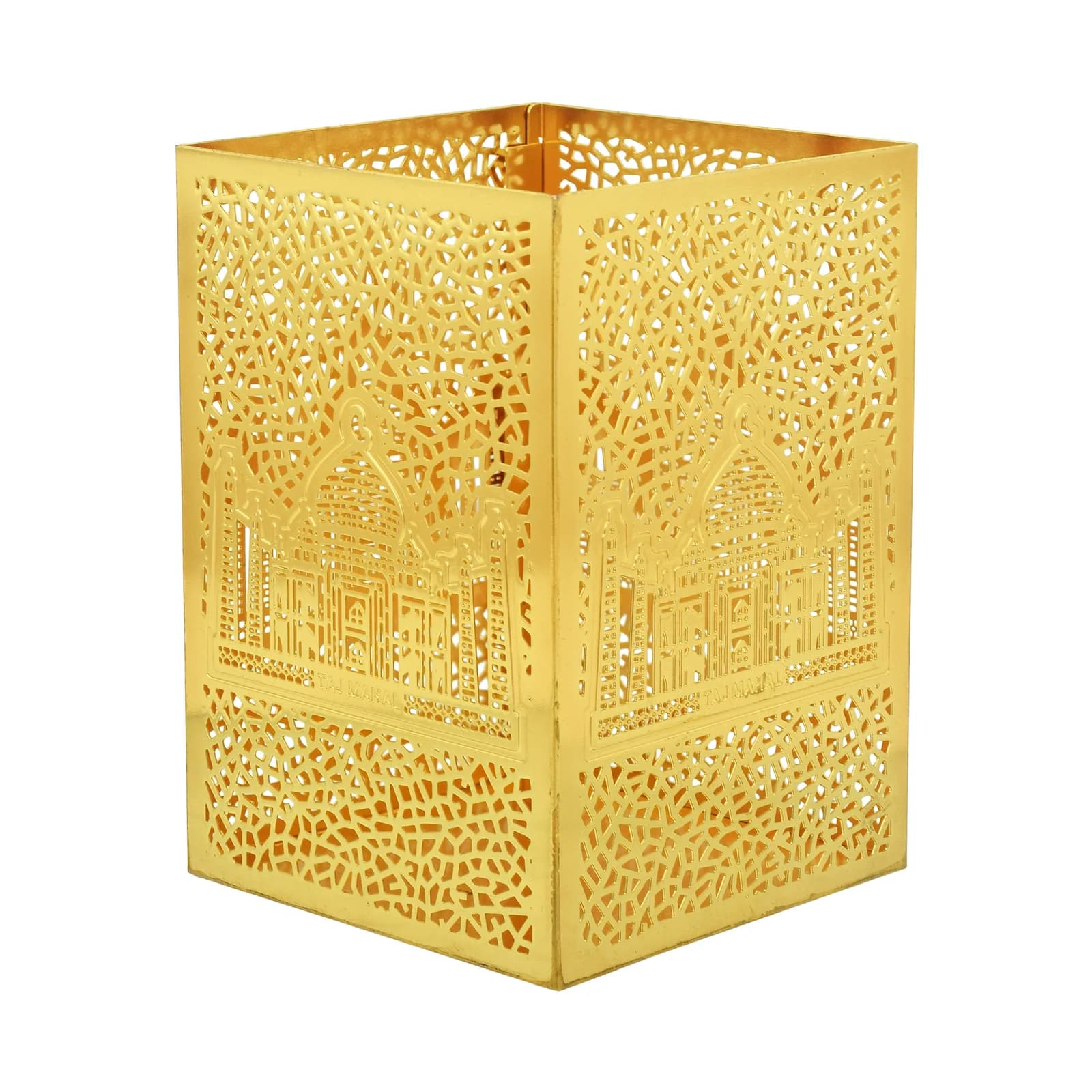 Gold-tone brass pen stand with the Taj Mahal raised in relief on a crackle lattice ground, shot three-quarter so the same view repeats on the second face