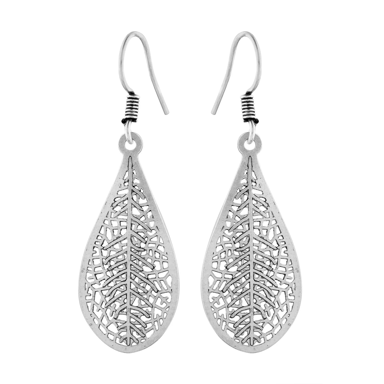 A pair of oxidised silver drop earrings on French hooks — a teardrop-shaped leaf cut in fine openwork filigree