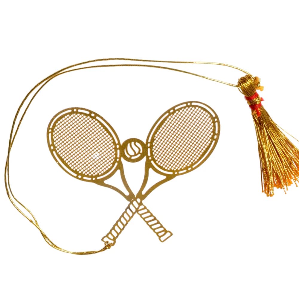 Die-cut gold-tone bookmark of two crossed tennis rackets with pierced string beds and a ball between them, on a gold cord with a tassel