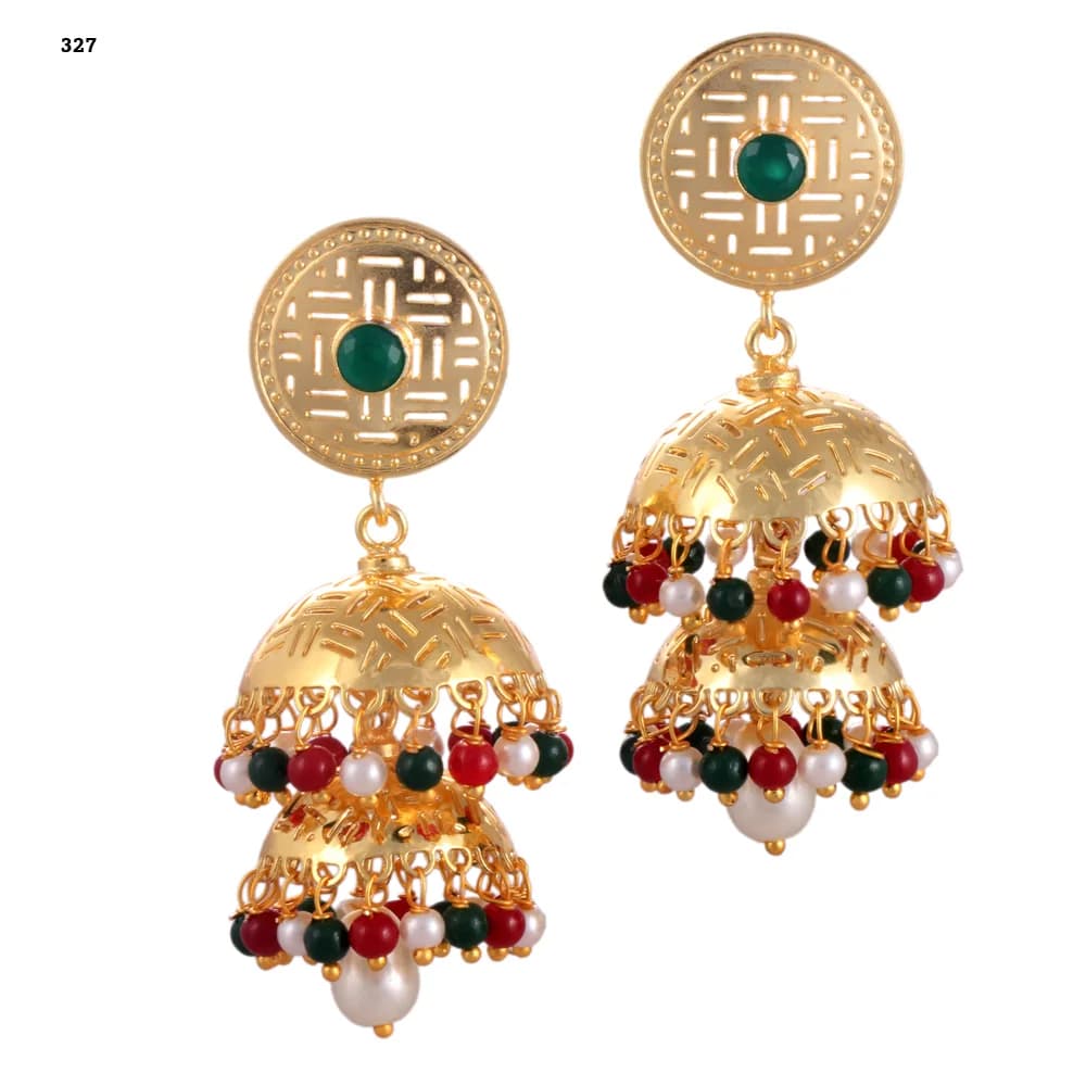 A pair of gold-plated jhumka earrings — a pierced disc stud set with a green stone above two stacked perforated domes fringed in red, green and pearl beads, with a pearl drop at the centre