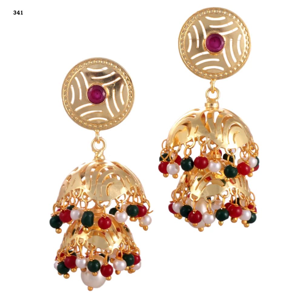 A pair of gold-plated jhumka earrings — a pierced disc stud set with a red stone above two stacked perforated domes fringed in red, green and pearl beads