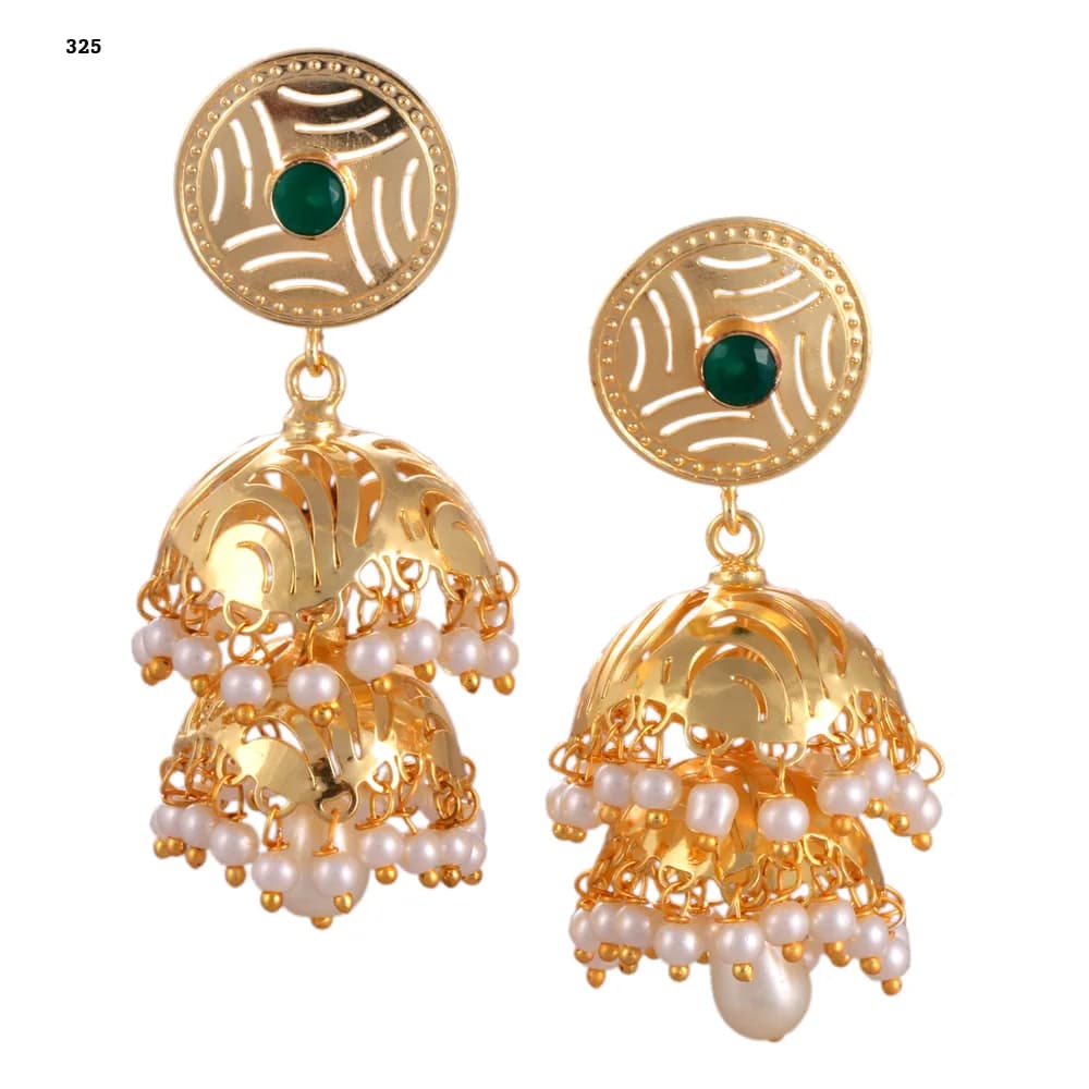 A pair of gold-plated jhumka earrings — a pierced disc stud set with a green stone above two stacked perforated domes, both pearl-fringed, with a pearl drop at the centre