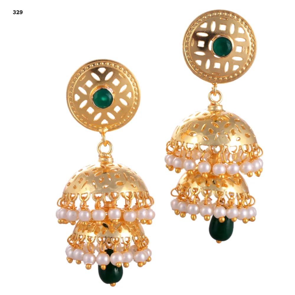 A pair of gold-plated jhumka earrings — a pierced disc stud set with a green stone above two stacked perforated domes, both pearl-fringed, with a dark green glass teardrop at the centre