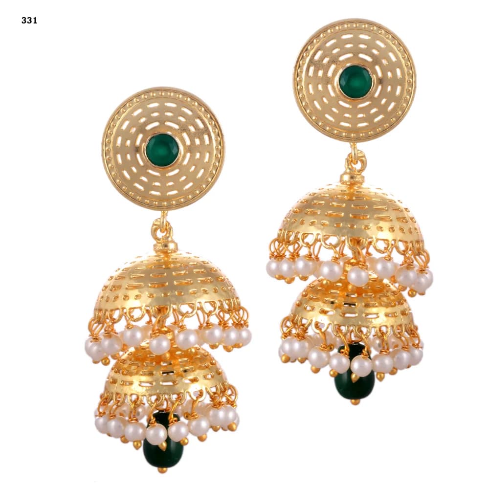 A pair of gold-plated jhumka earrings — a pierced disc stud set with a green stone above two stacked perforated domes, both pearl-fringed, with a dark green glass teardrop at the centre