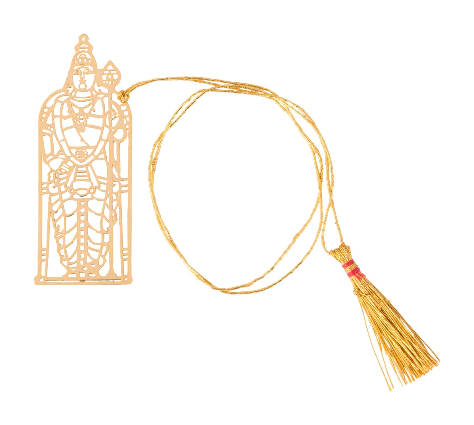 Tall die-cut gold bookmark of Tirupati Balaji standing crowned within a plain border, laid out with its gold cord and tassel