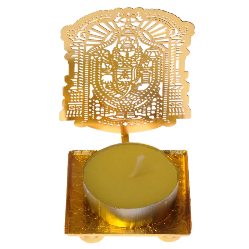 Pierced gold-tone tealight holder cut as Tirupati Balaji standing crowned beneath a temple gopuram arch, on a square tray