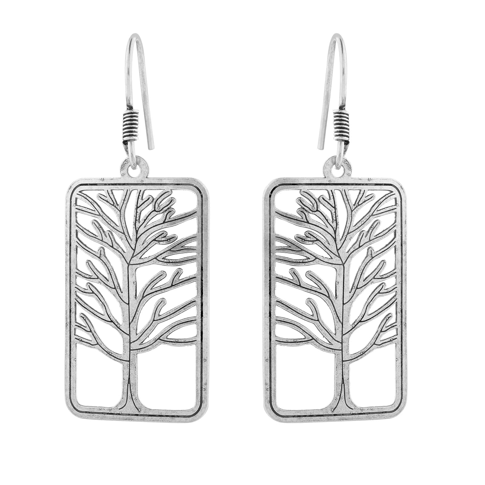 A pair of oxidised silver drop earrings on French hooks — a bare spreading tree cut inside a plain rectangular frame