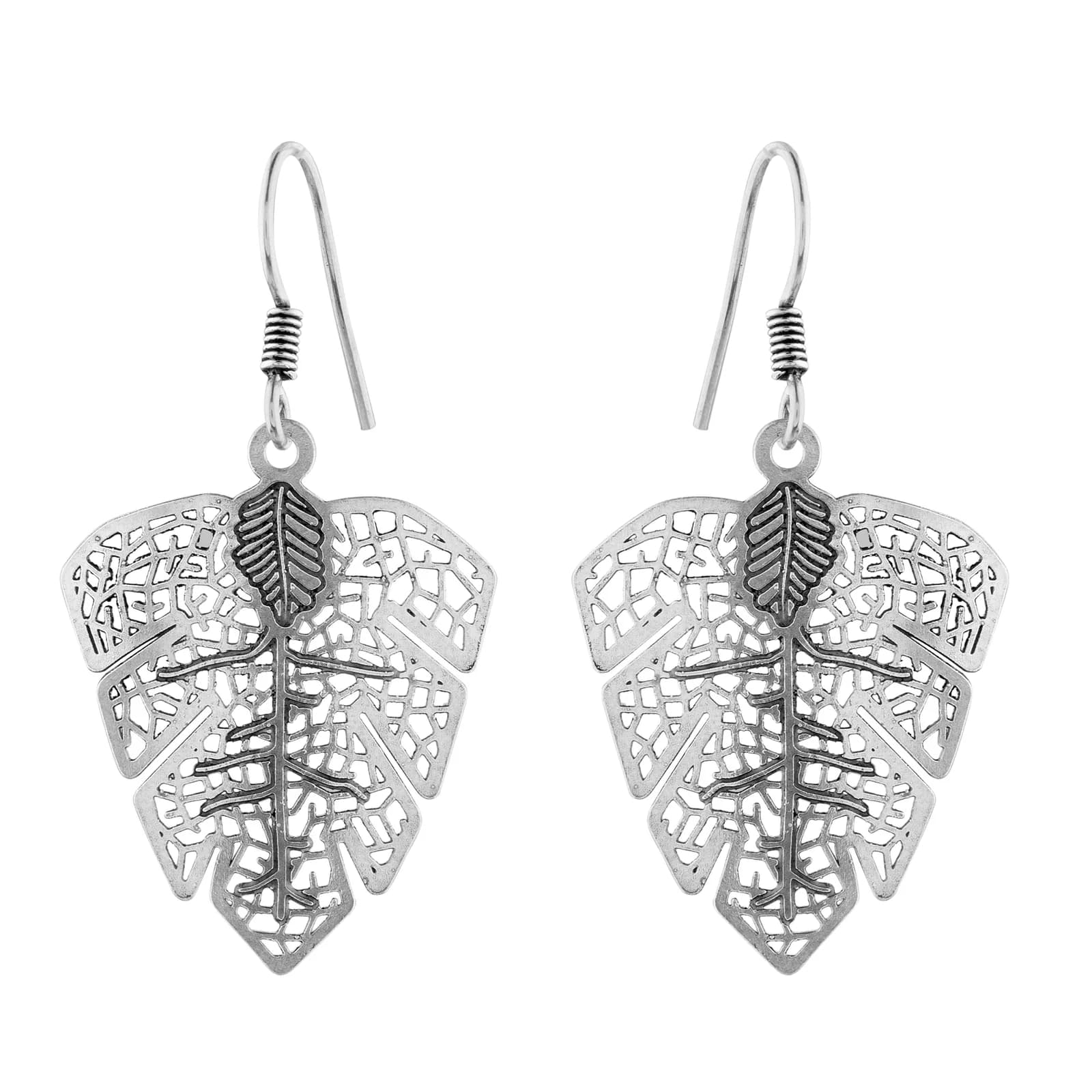 A pair of oxidised silver drop earrings on French hooks — an arrow-shaped leaf in openwork filigree with a small solid leaf charm applied over its stem