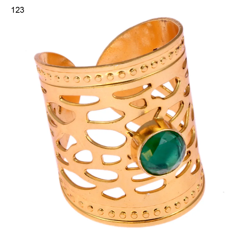 Gold-plated brass adjustable ring with a banded oval openwork band and a single bezel-set faceted green stone
