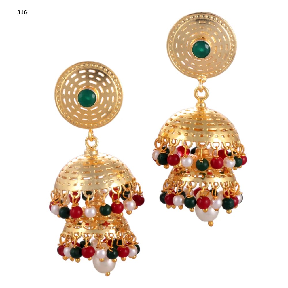 A pair of gold-plated jhumka earrings — a pierced disc stud set with a green stone above a single perforated dome fringed in alternating red, green and pearl beads