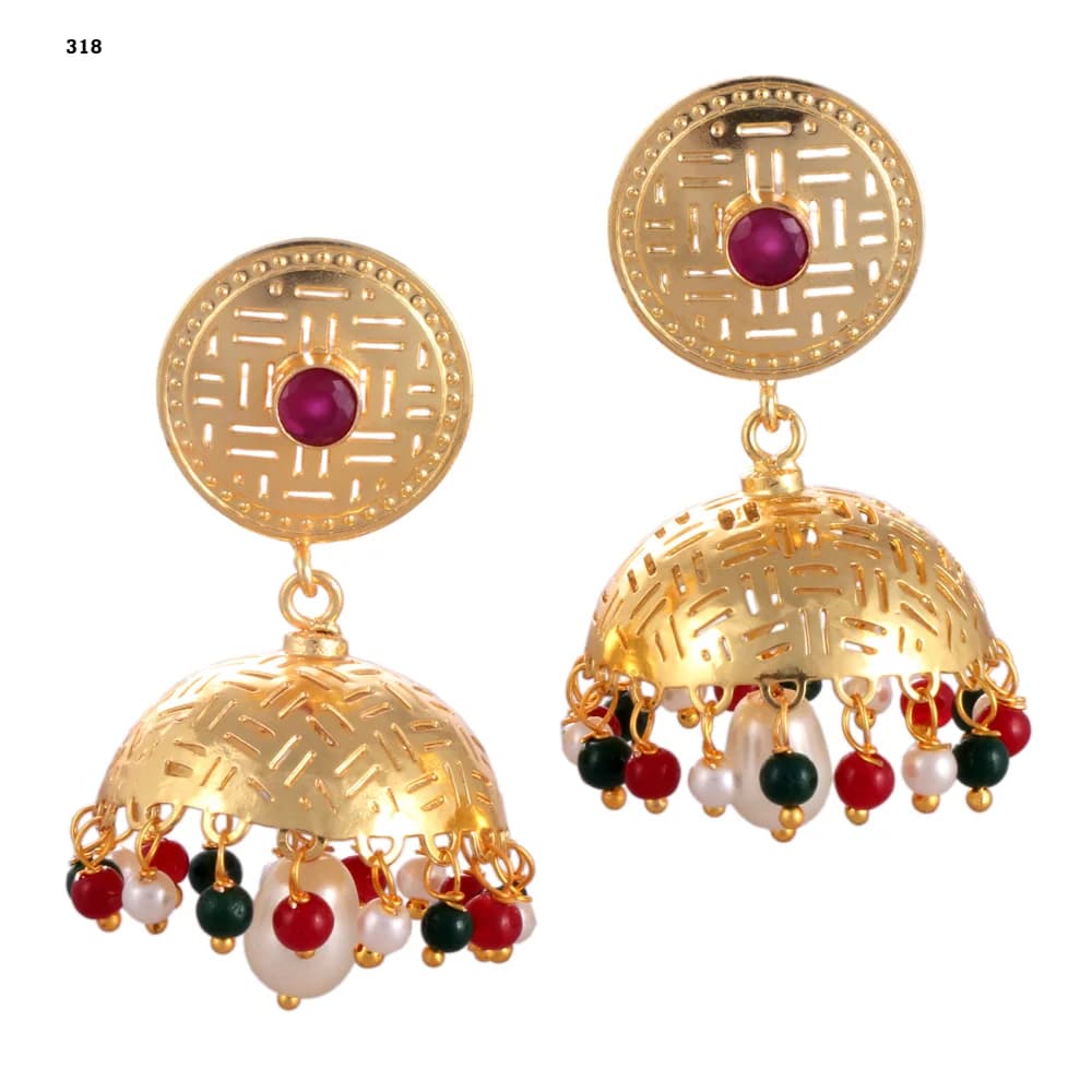 A pair of gold-plated jhumka earrings — a pierced disc stud set with a red stone above a single wide perforated dome fringed in red, green and pearl beads