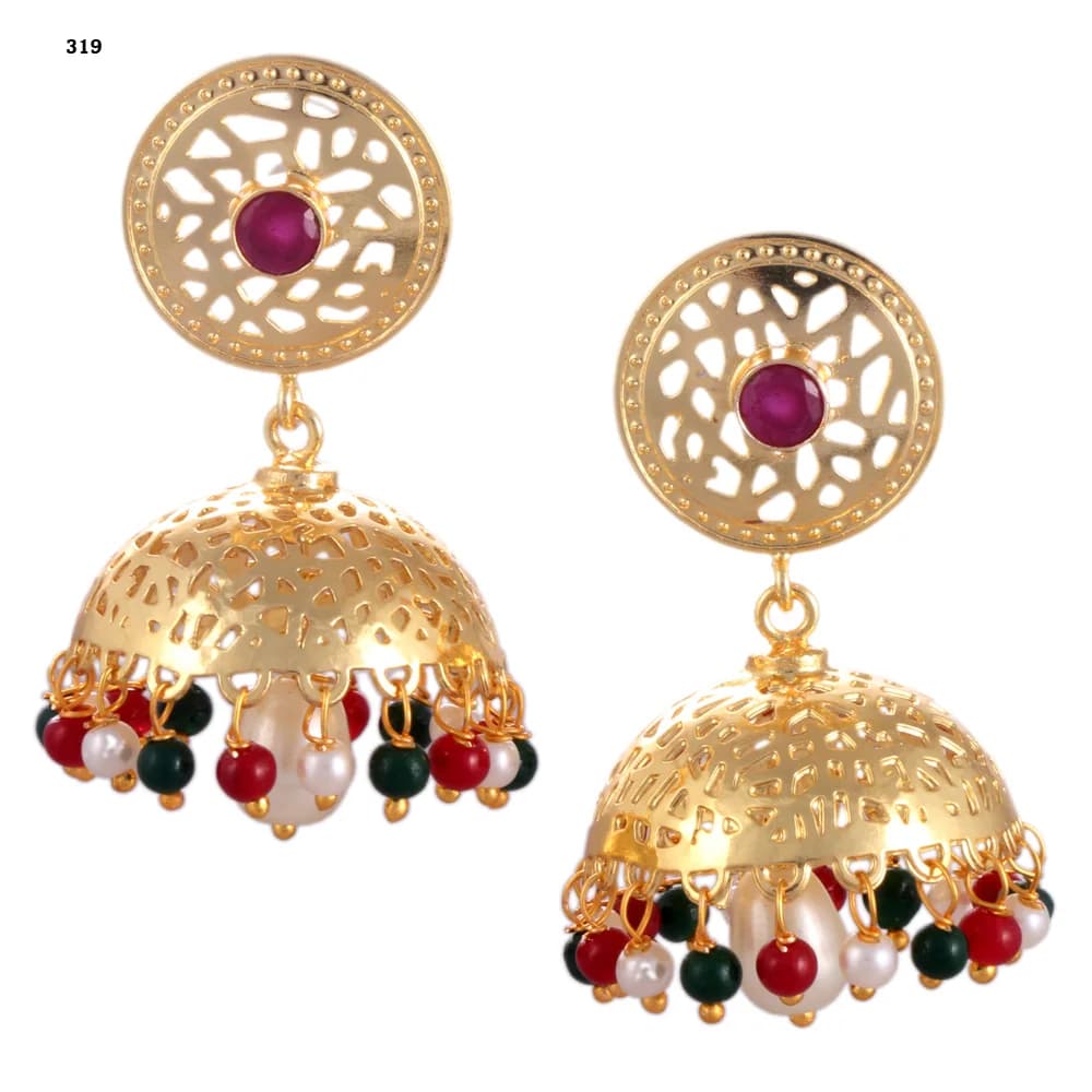 A pair of gold-plated jhumka earrings — a pierced disc stud set with a red stone above a single perforated dome fringed in red, green and pearl beads, with a pearl drop at the centre