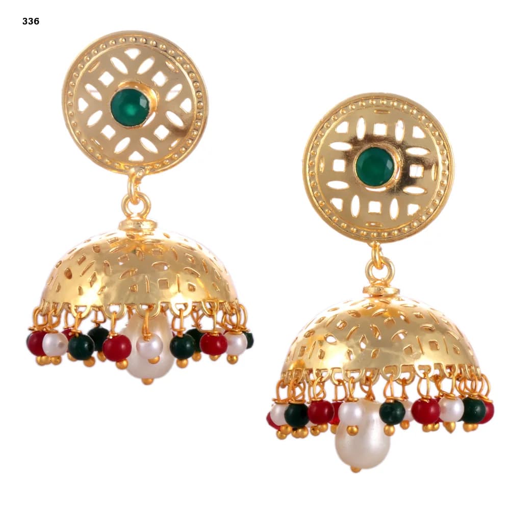 A pair of gold-plated jhumka earrings — a pierced disc stud set with a green stone above a single deep perforated dome fringed in red, green and pearl beads, with a pearl drop at the centre