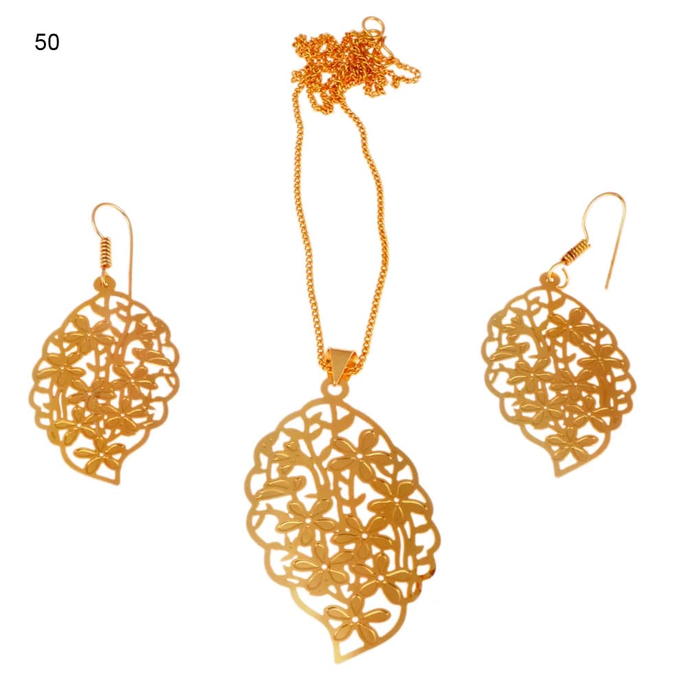 Gold-plated three-piece set with a pointed lozenge pendant and matching hook earrings, massed with five-petal blossoms inside a scalloped border