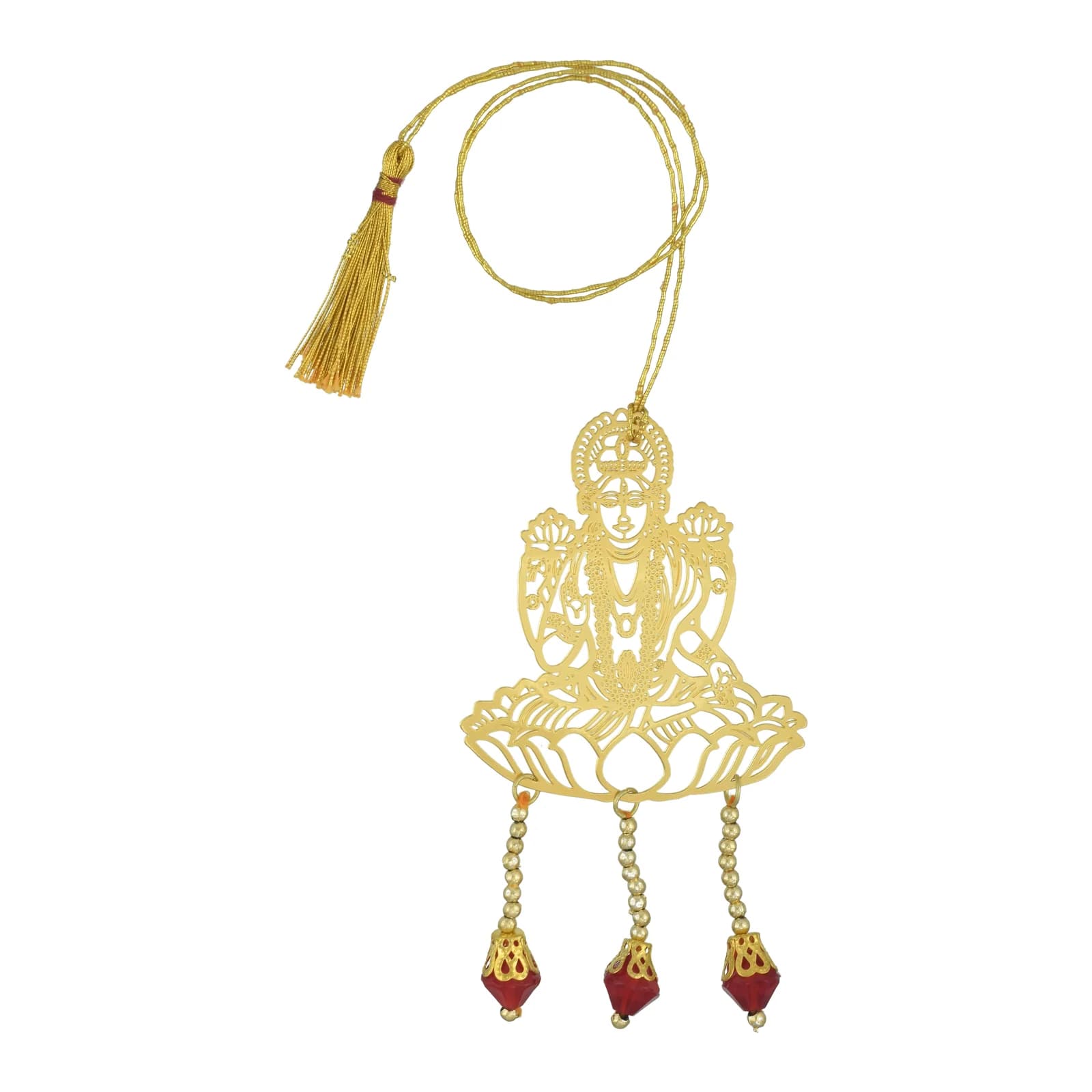 Gold-tone filigree Lakshmi car hanger on a beaded cord with a red tassel