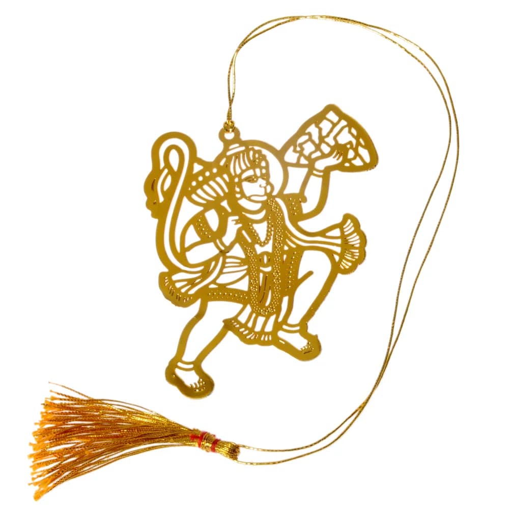 Die-cut gold-tone bookmark of Hanuman in flight, mace in one hand and the Sanjeevani mountain held overhead in the other, on a gold cord with a tassel