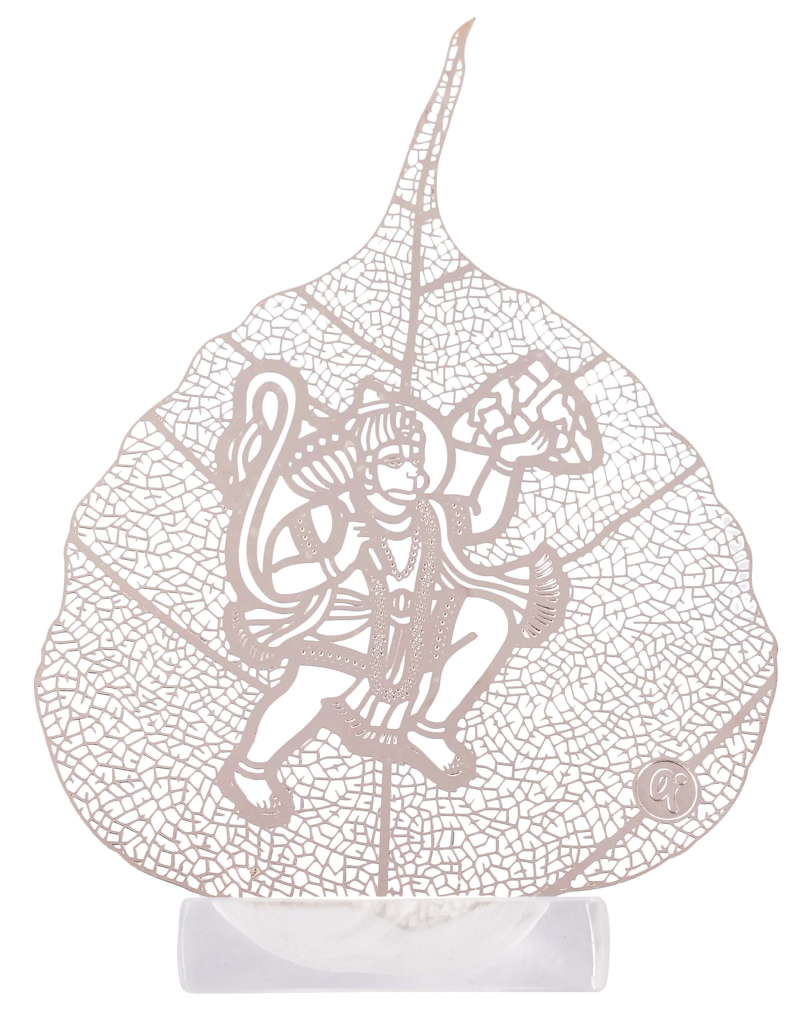 Silver skeletonised peepal leaf engraved with Hanuman in flight carrying his mace, standing in a clear acrylic pedestal