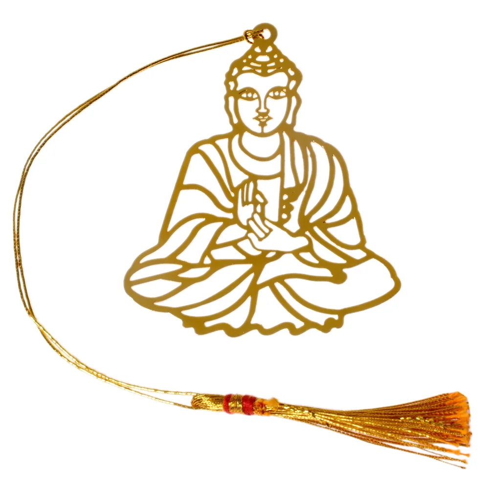 Die-cut gold-tone bookmark of the Buddha seated in robes with one hand raised in the vitarka gesture, on a gold cord with a tassel