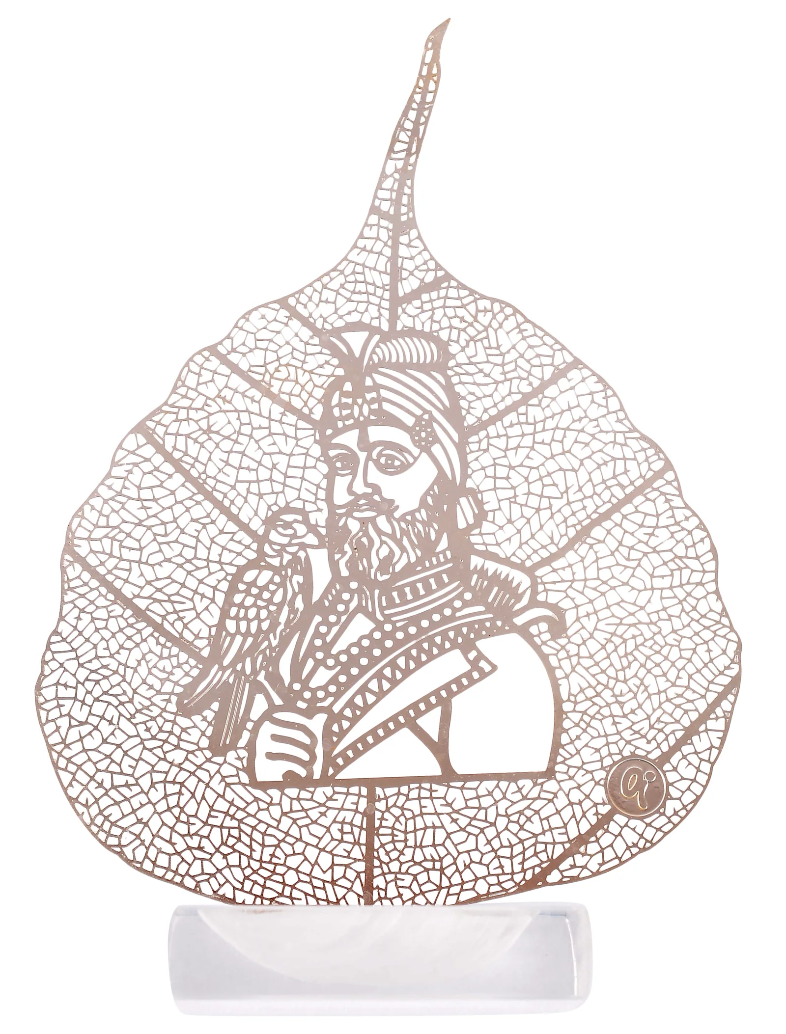 Silver skeletonised peepal leaf engraved with Guru Gobind Singh Ji in a plumed turban with his hawk, in a clear acrylic pedestal