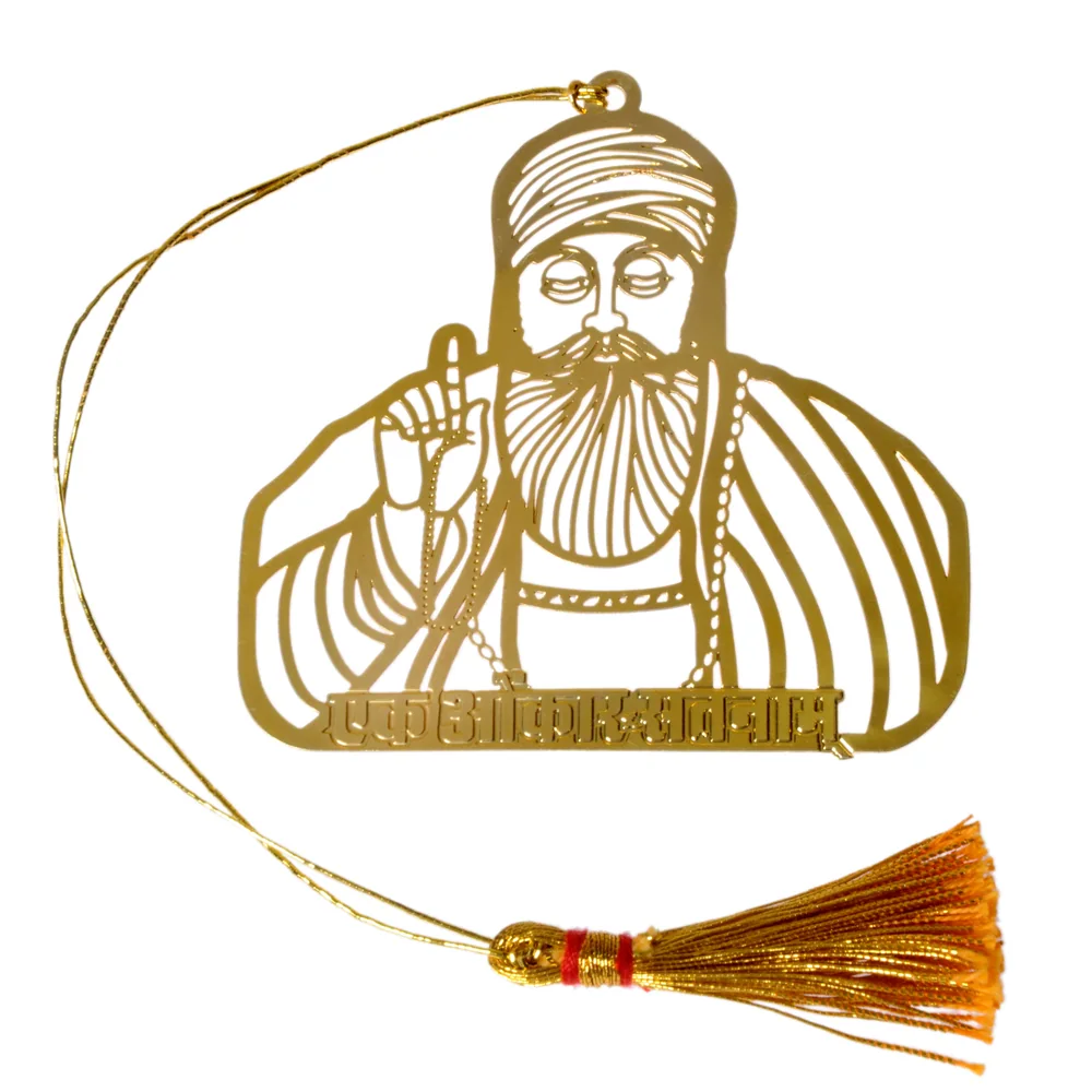 Die-cut gold-tone bookmark of Guru Nanak Dev Ji with one finger raised, the Ek Onkar Satnam Waheguru inscription in Gurmukhi across the base, on a gold cord with a tassel