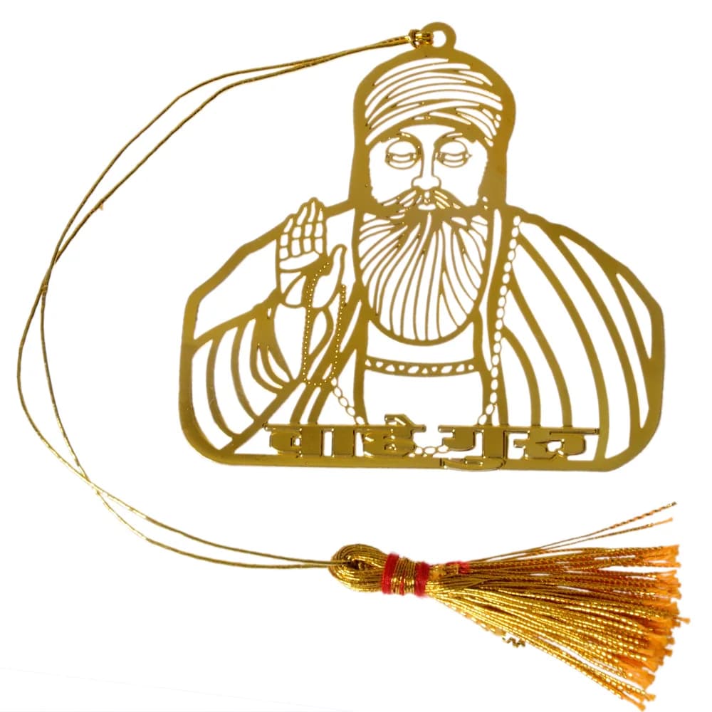 Die-cut gold-tone bookmark of Guru Nanak Dev Ji with his hand raised in blessing, the word Waheguru in Gurmukhi across the base, on a gold cord with a tassel
