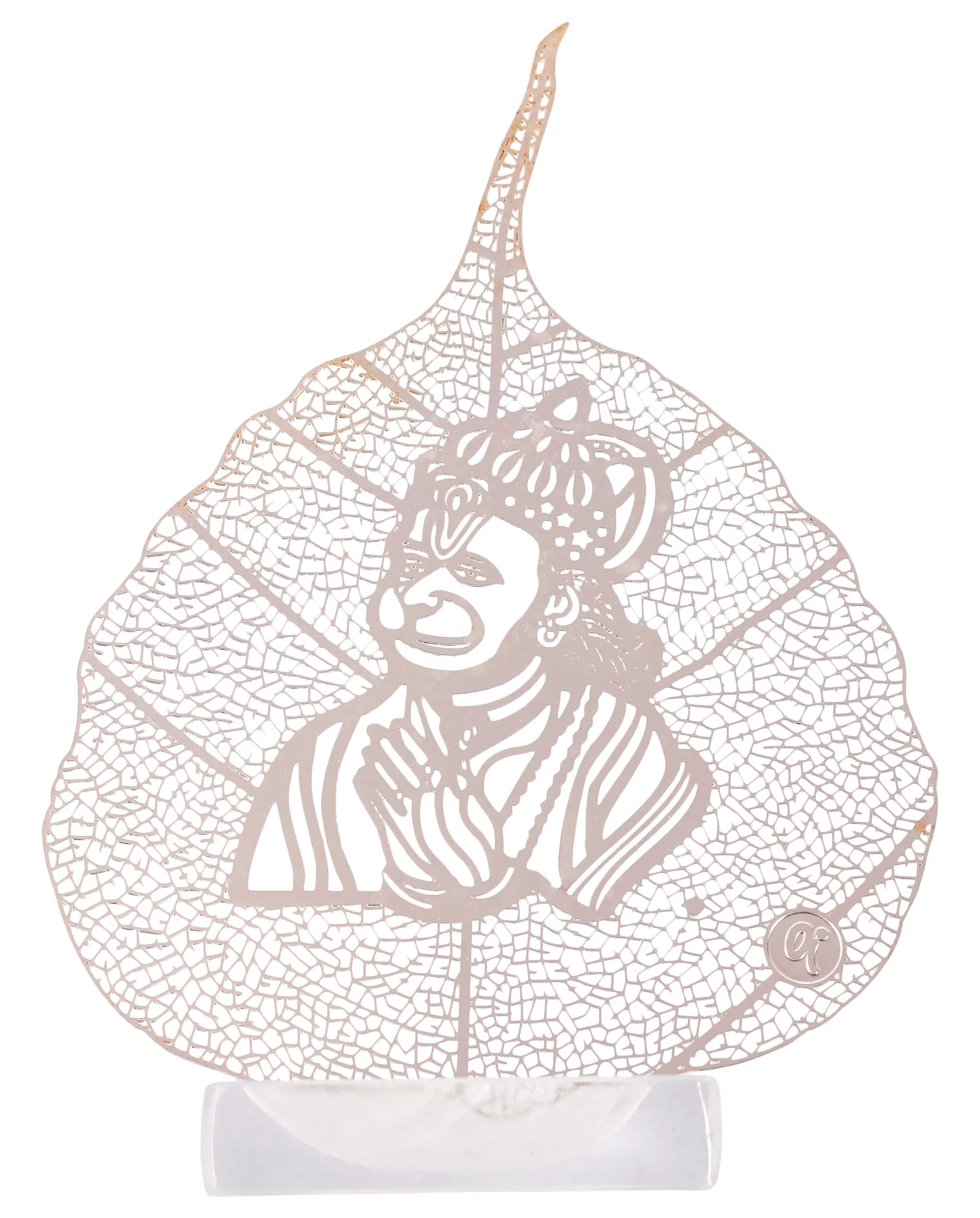 Silver skeletonised peepal leaf engraved with a crowned Hanuman, his hands joined in namaskar, in a clear acrylic pedestal