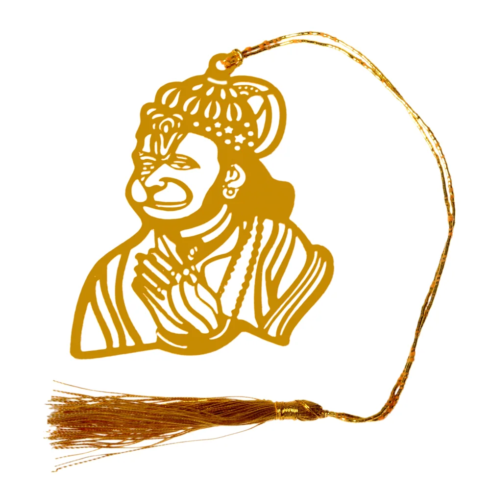 Die-cut gold-tone bookmark of a crowned Hanuman from the chest up with his hands joined in namaskar, on a gold cord with a tassel