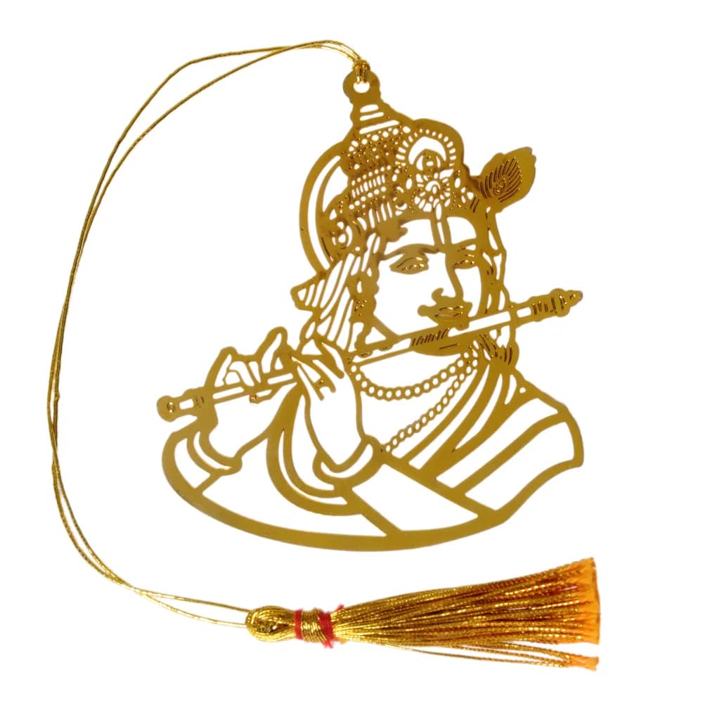 Die-cut gold-tone bookmark of Krishna from the chest up at his flute, wearing a peacock-feather crown and a beaded garland, on a gold cord with a tassel