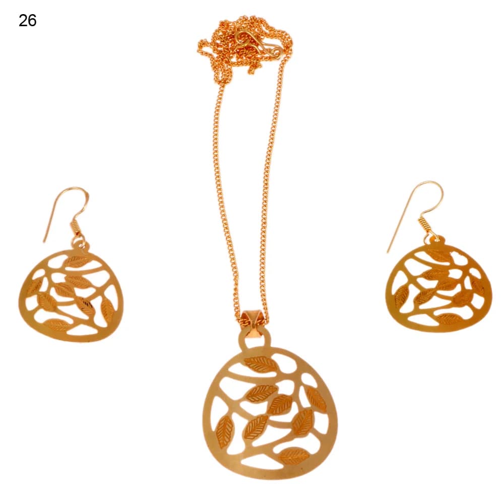 Gold-plated three-piece set with a round disc pendant and matching hook earrings, scattered with small engraved leaves along branching stems