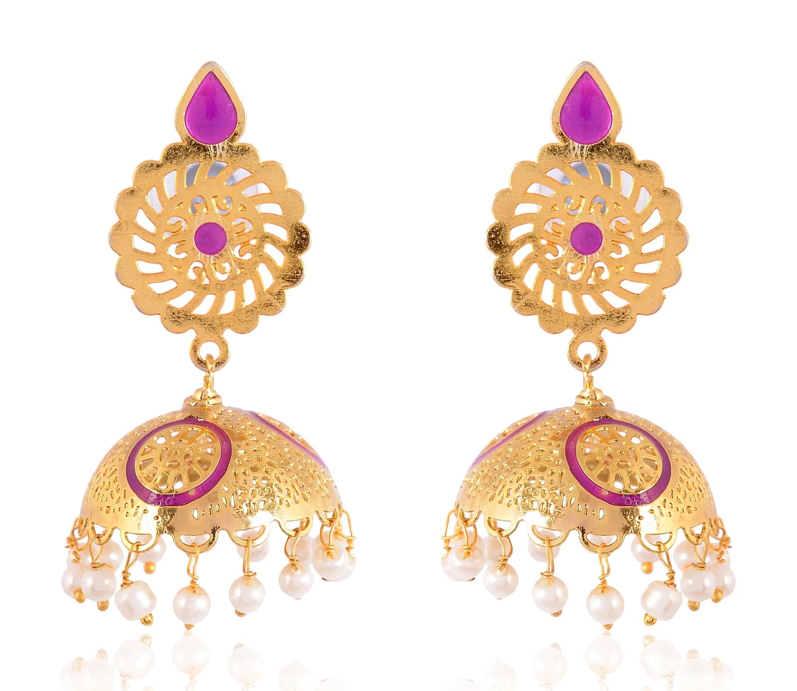 A pair of gold-plated jhumka earrings — a scalloped filigree medallion stud with a magenta enamel teardrop finial, above a perforated dome ringed in magenta enamel and fringed with pearls